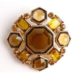 Vtg Monet Maltese Cross Brooch Topaz Brown Octagon Hexagon Champagne Gold Tone